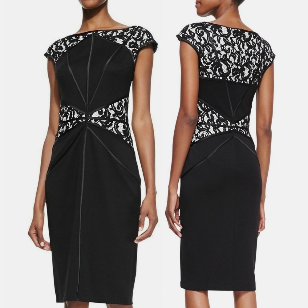 Tadashi Shoji Black Lace Cap Sleeve Piped Cocktail Dress Womens Size Small Party